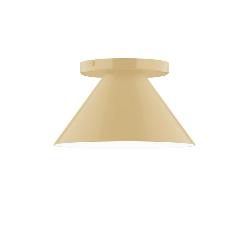 Ivory flush mount ceiling light with round canopy and flared bell shade.