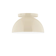 Cream flush mount ceiling light with rounded dome shade and top mounting ring.