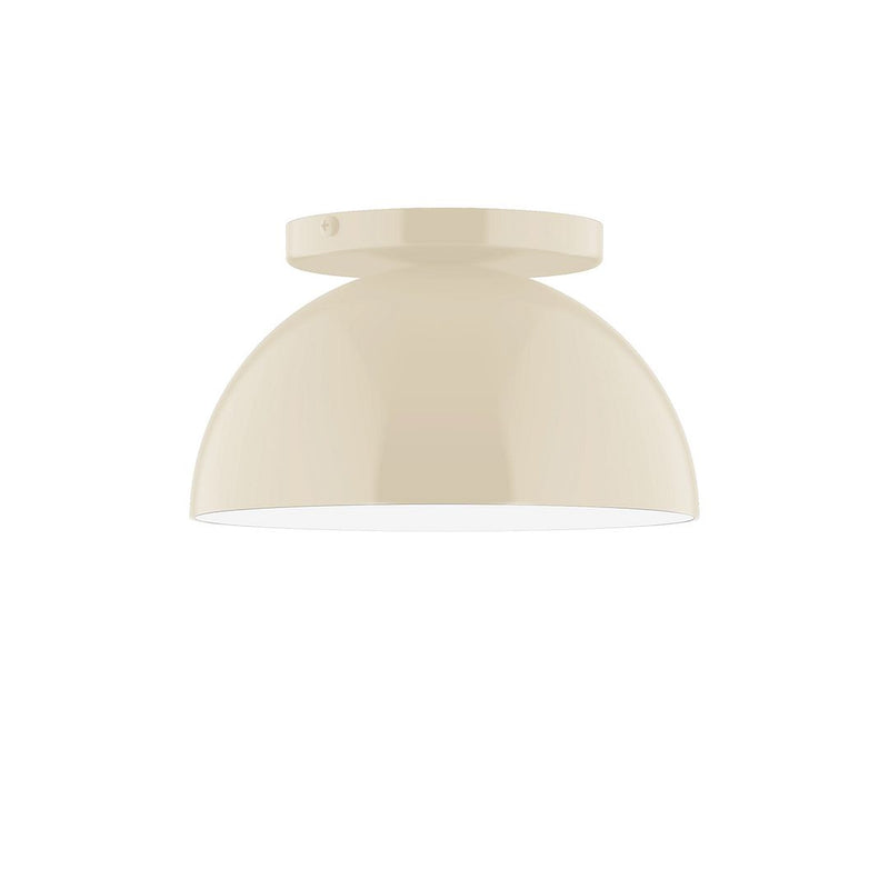Cream flush mount ceiling light with rounded dome shade and top mounting ring.