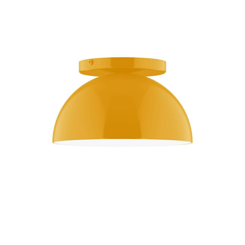 Bright yellow LED flush mount light with dome shade, low-profile ceiling design