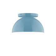 Light blue flush mount ceiling light with dome shade and flat canopy