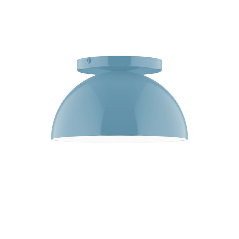 Light blue flush mount ceiling light with dome shade and flat canopy