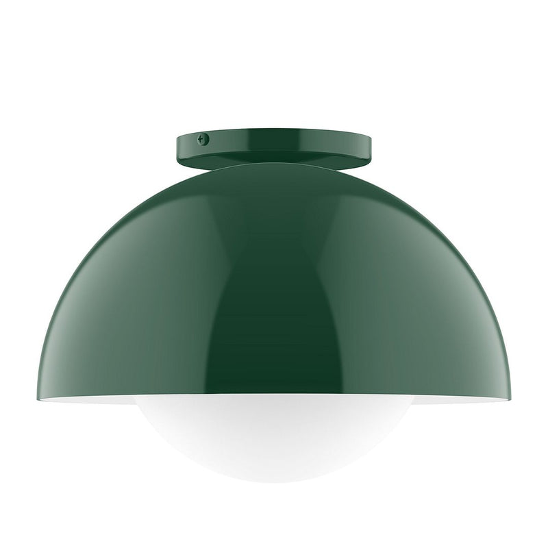 Forest green glass globe flush mount with round canopy and curved shade