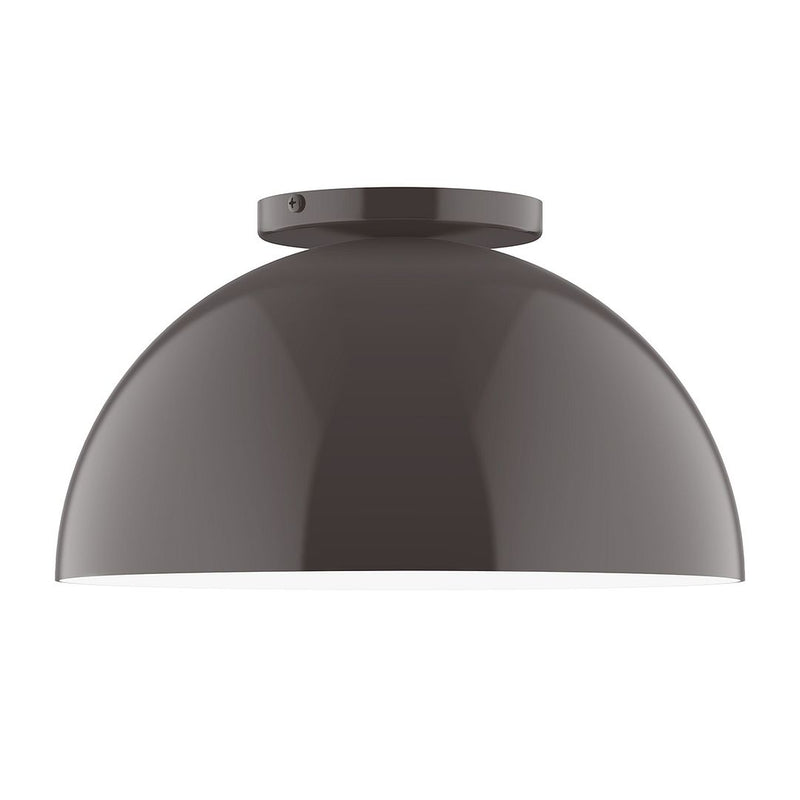 Architectural bronze LED flush mount with dome glass shade, low-profile.