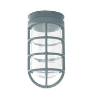 Slate gray lantern-style pendant light with clear glass cylinder and grid frame