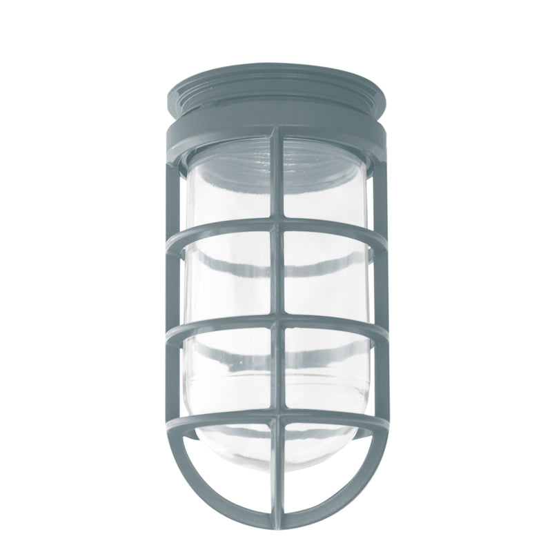 Slate gray lantern-style pendant light with clear glass cylinder and grid frame