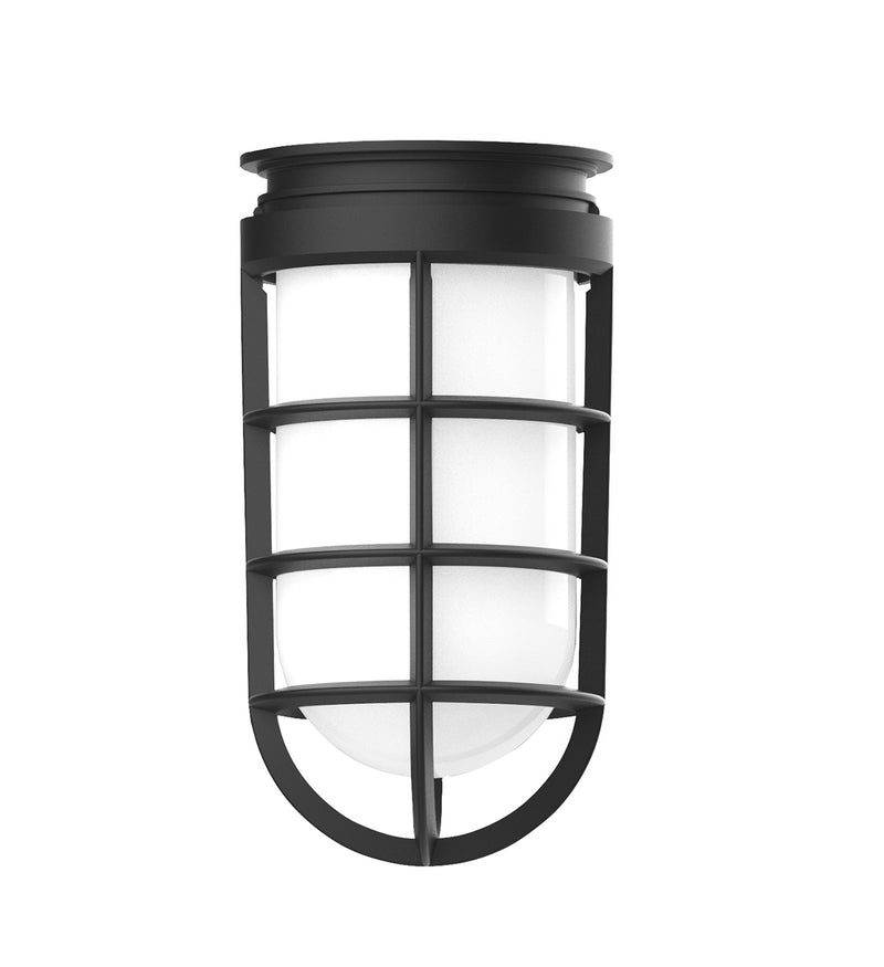 Black pendant light with frosted glass panels and a protective metal grid