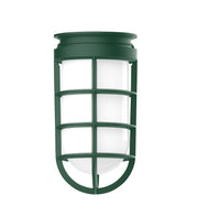 Forest green cage pendant light with frosted inner glass panels