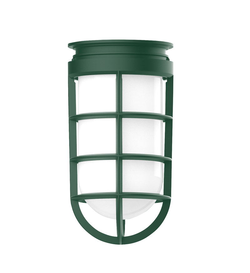 Forest green cage pendant light with frosted inner glass panels
