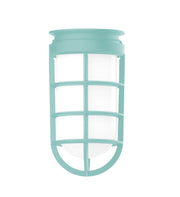 Sea green lantern-style pendant light with windowed glass shade