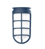 Navy lantern-style pendant light with glass panels and rounded frame