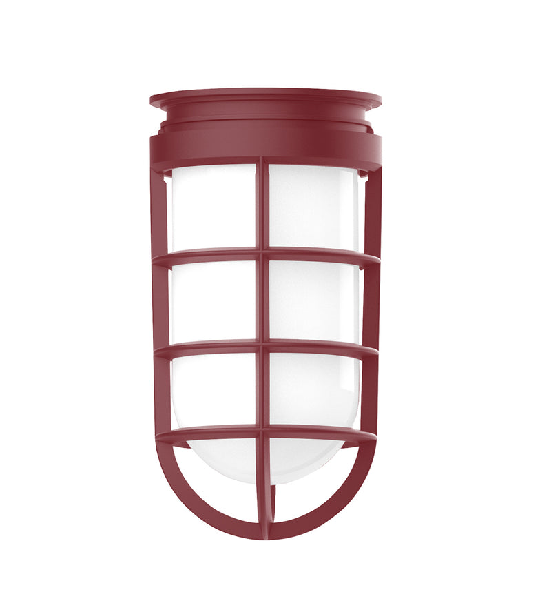 Barn Red cage-style pendant light with frosted glass panels.