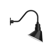 Black gooseneck wall light with angled cone shade and curved arm