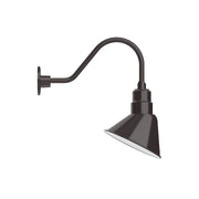 Angle gooseneck wall light with bronze curved arm and cone shade, wall-mounted base