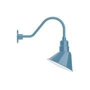 Light blue LED gooseneck wall light with angled cone shade
