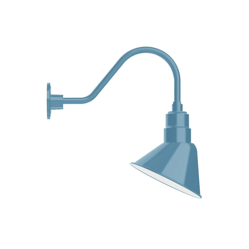 Light blue LED gooseneck wall light with angled cone shade
