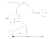 Black gooseneck wall light dimension diagram with angled cone shade