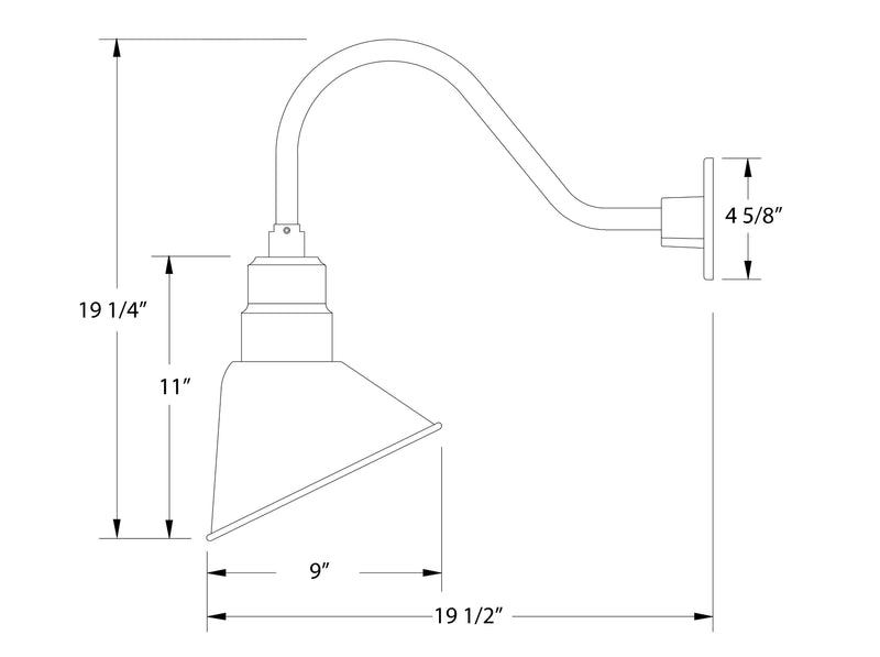 Black gooseneck wall light dimension diagram with angled cone shade