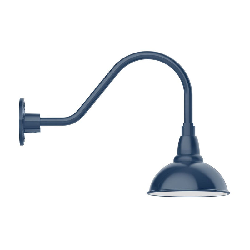 Navy gooseneck wall light with dome shade and round mounting plate
