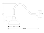 Barn red gooseneck wall light dimension diagram with dome shade and backplate