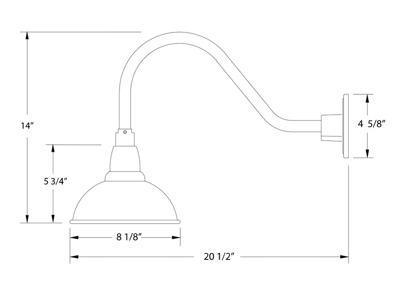 Barn red gooseneck wall light dimension diagram with dome shade and backplate