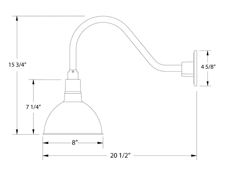 Gooseneck wall light diagram with 8-in deep bowl and key measurements