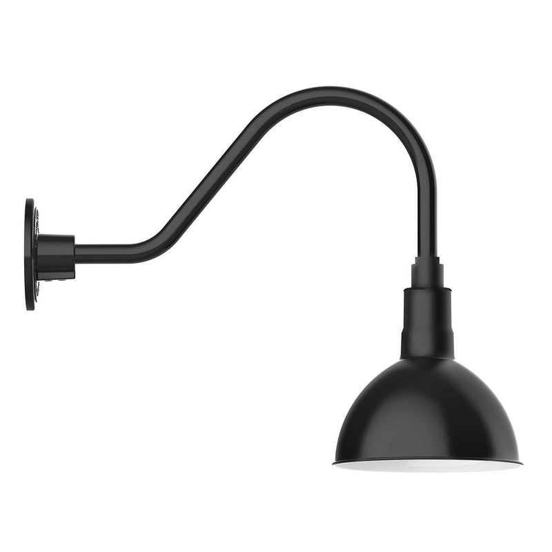 Black gooseneck wall light with deep bowl shade and round wall mount