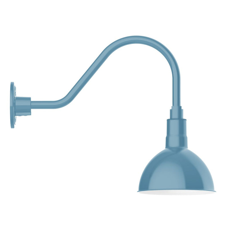 Light blue gooseneck wall light with deep bell shade and round backplate