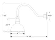 Gooseneck wall light diagram showing domed shade, wall mount, and 8 in bowl