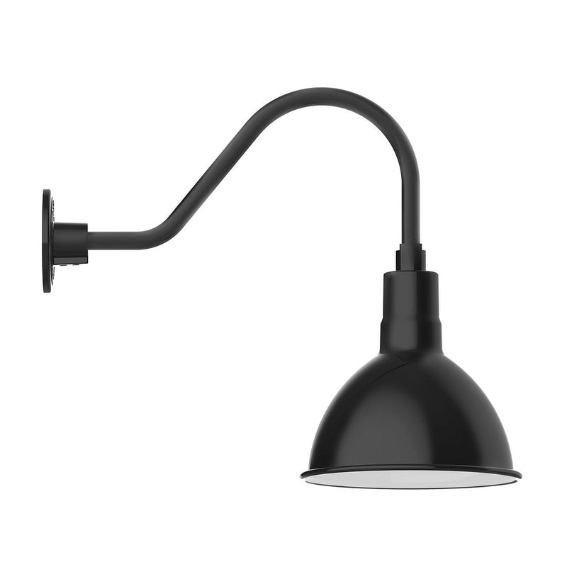 Black gooseneck LED wall light with deep bell shade and curved mounting arm