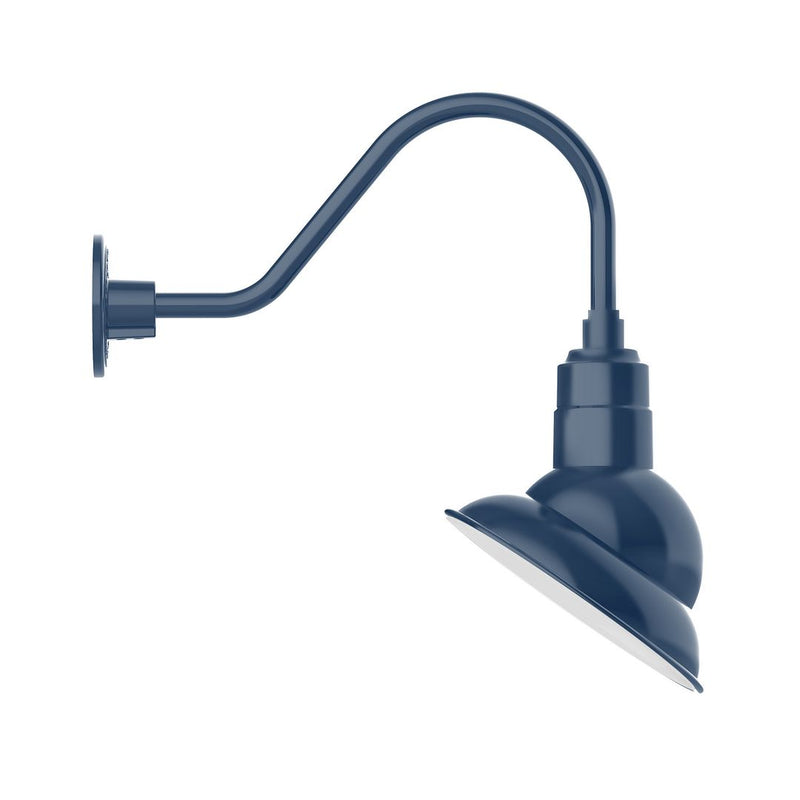 Navy gooseneck wall light with 10 in curved arm and dome shade, back mount.