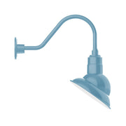 Light blue gooseneck wall light with angled dome shade and wall mounting bracket