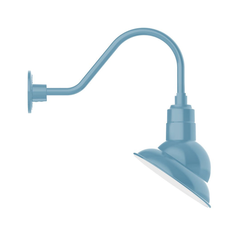 Light blue LED gooseneck wall light with angled cone head and round mount