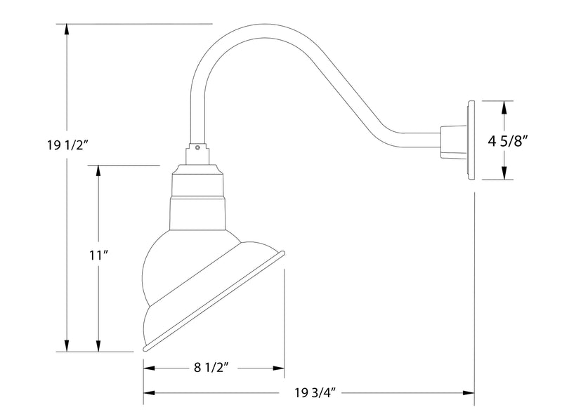 White gooseneck wall light dimension diagram with curved arm and angled shade.