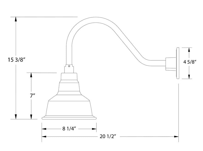 Sea green gooseneck wall light dimension diagram, 8 1/4 in shade width