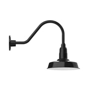 Black gooseneck wall light with round backplate and angled dome shade.