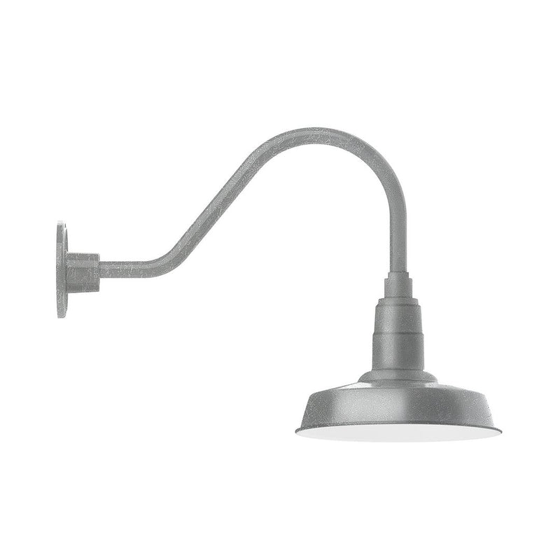 Painted galvanized gooseneck wall light with flared shade and wall mount, light gray.