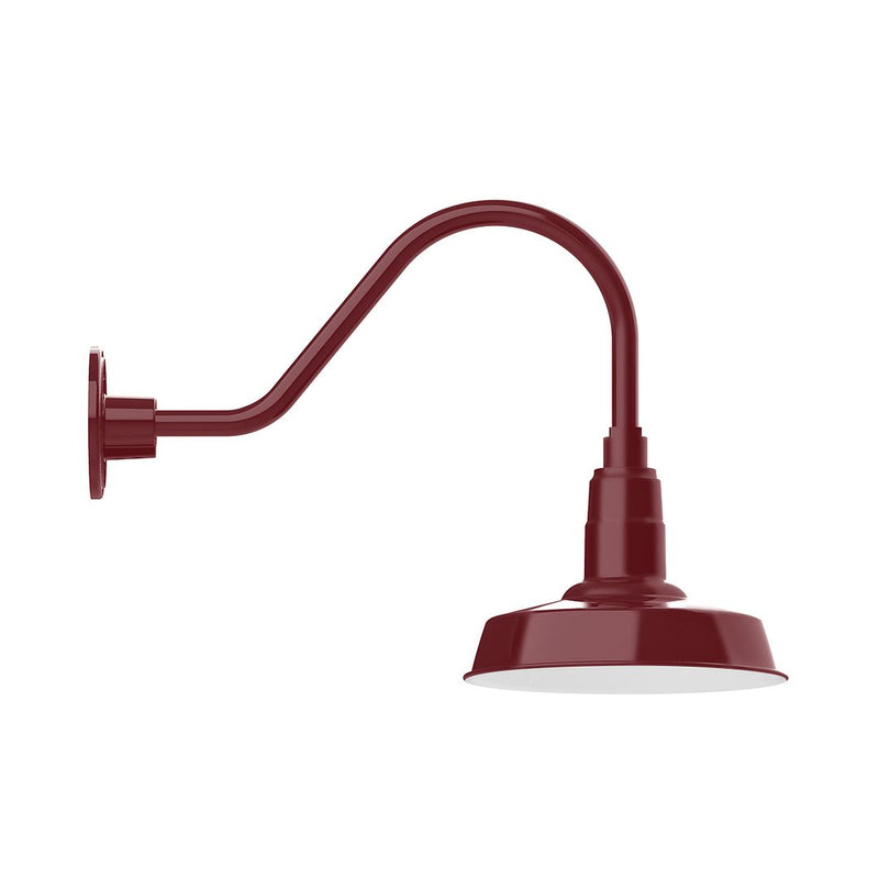 Barn red gooseneck wall light with round backplate and domed shade