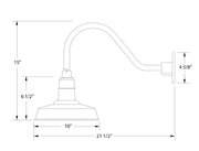 Light blue LED gooseneck wall light diagram: 10 in shade, 15 in overall