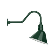 Forest green gooseneck wall light with cone shade and extended arm, 12-inch angle.