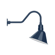 Navy gooseneck wall light with angled conical shade and curved arm