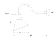 Gooseneck wall light diagram with angled cone shade, 12 in height and 11 1/2 in base