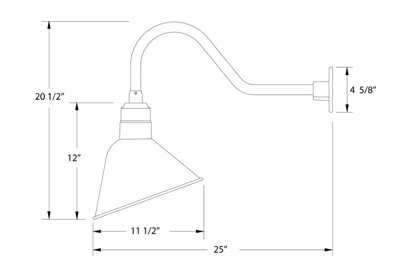 Gooseneck wall light diagram with angled cone shade, 12 in height and 11 1/2 in base