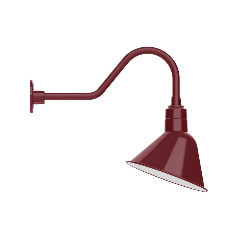 Barn red LED gooseneck wall light with angled cone shade and curved arm