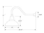 Wall light dimensions: 12in shade, 17in height, 26.5in reach, 4 5/8in mount