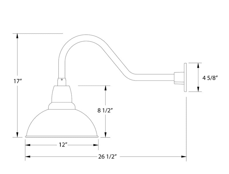Wall light dimensions: 12in shade, 17in height, 26.5in reach, 4 5/8in mount