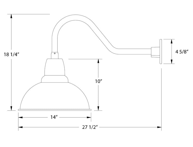 Cafe gooseneck wall light dimensions: 18 1/4 in height, 14 in shade, 27 1/2 in reach