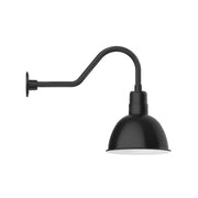 Black gooseneck wall light with deep dome shade and curved arm