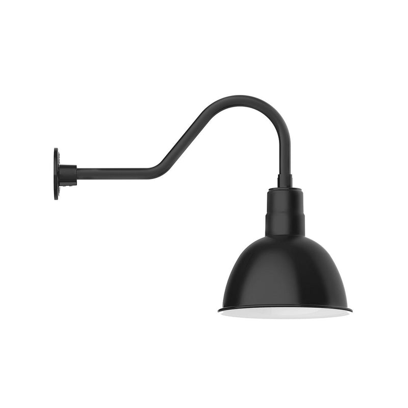 Black gooseneck wall light with deep bowl shade and curved arm