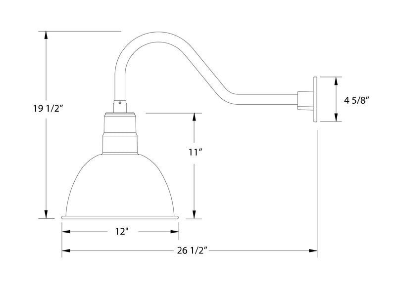 Gooseneck wall light dimension diagram with deep bowl shade